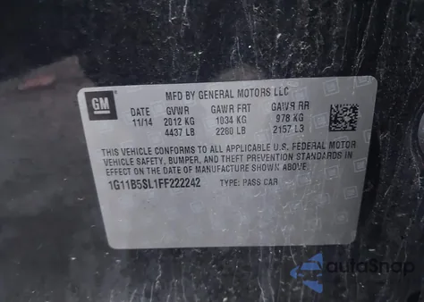 2015 Chevrolet Malibu Ls z USA, uszkodzony, nr VIN 1G11B5SL1FF222242